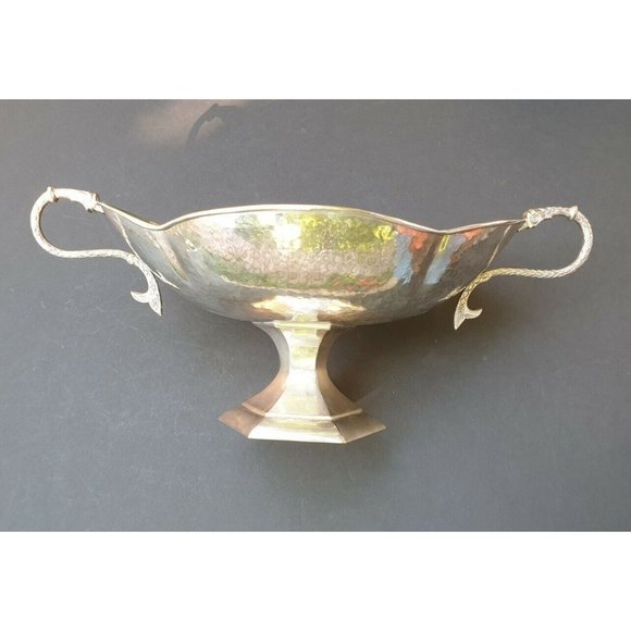 Aluminum Bowl Hammered Pedestal Serpent Handles Buffet Serving Platter - Picture 6 of 12